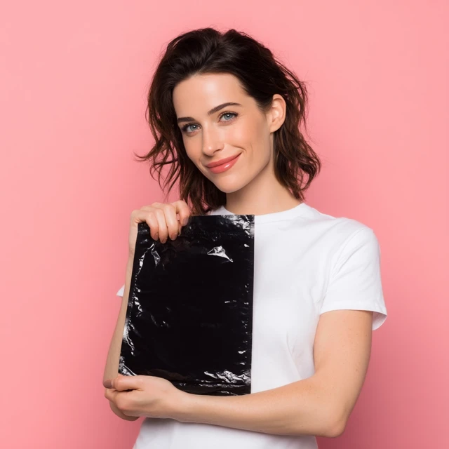 Smiling Woman with Makeup and Black Bag