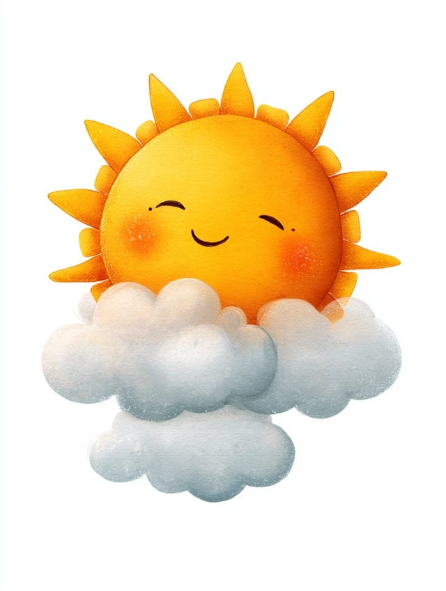 Smiling Sun Behind Clouds Childrens Book Illustration