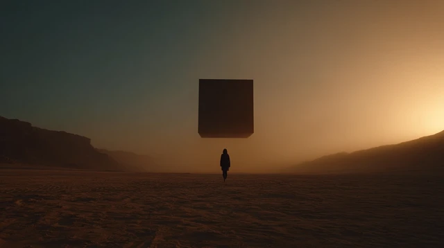 Woman in Desert Under Cube Minimalist Photography