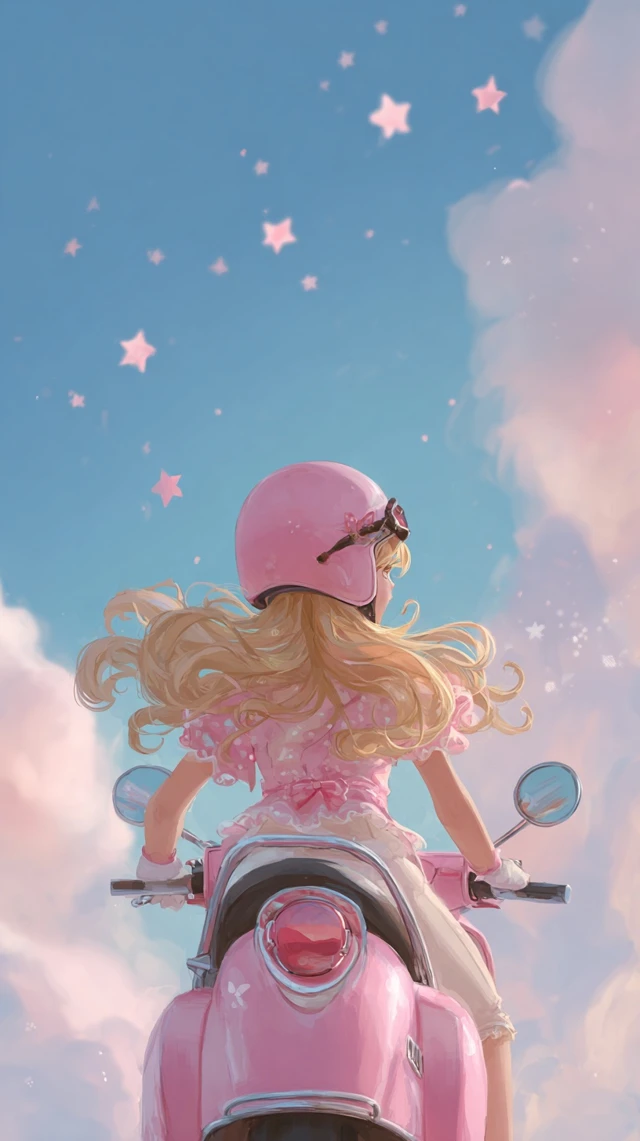 Cute Girl Riding Scooter In The Sky Pastel Illustration