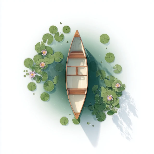Canoe on Calm Lake Lily Pads Minimalist Illustration