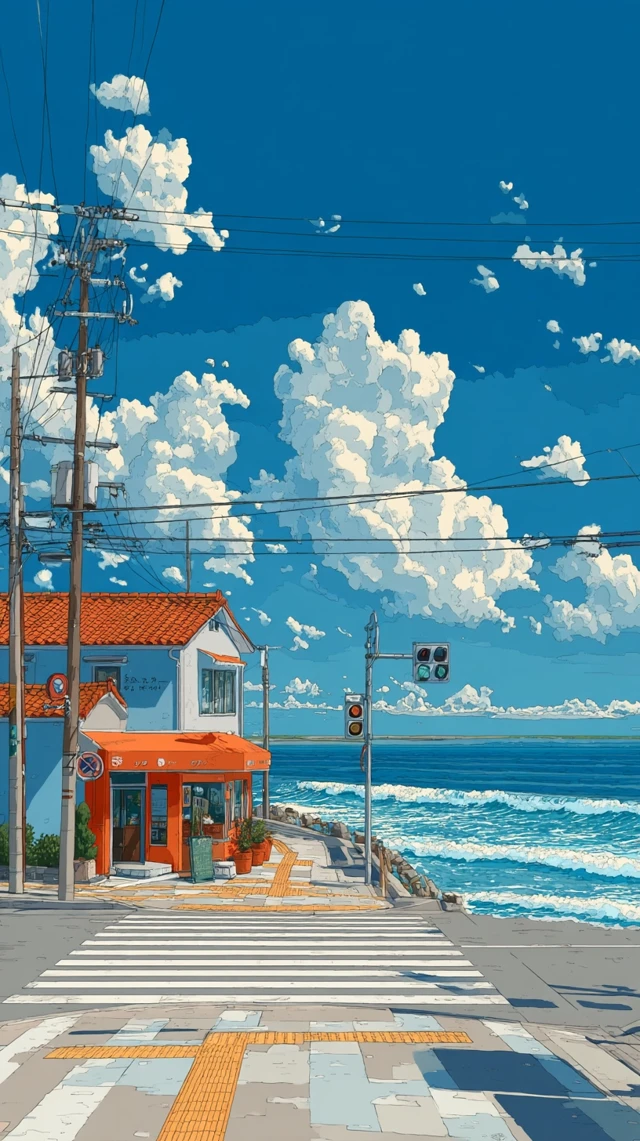 Anime Coastal Crosswalk Scene with Bakery and Ocean