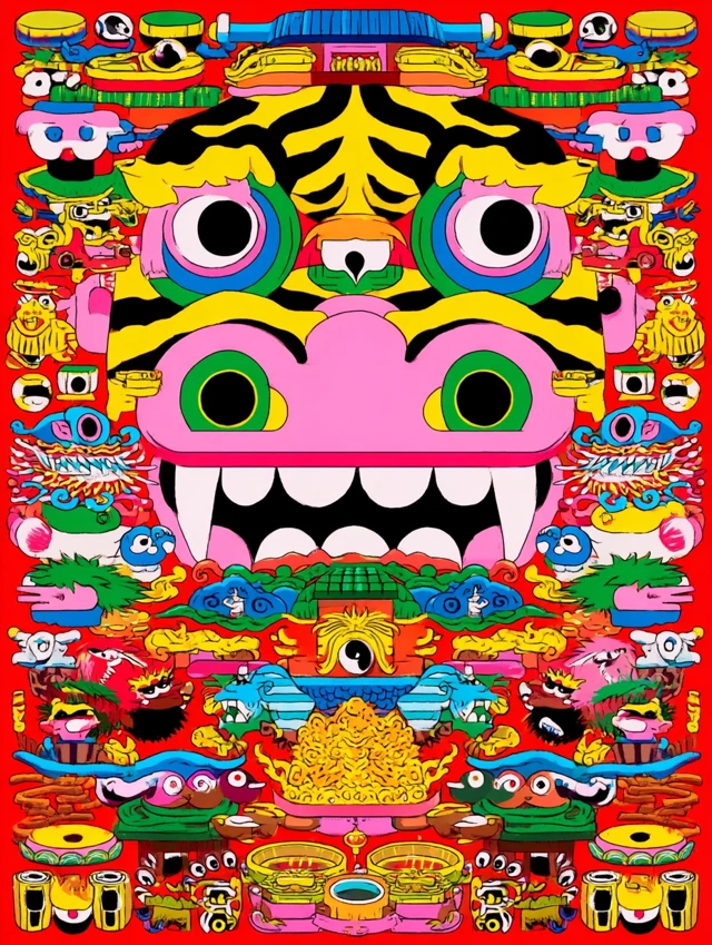 Asian Folk Art Illustration Psychedelic Colors