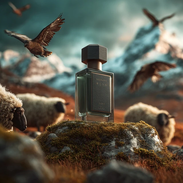Luxury Perfume in Highland Landscape Product Shot