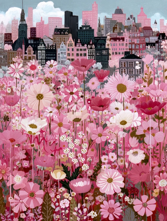 City Garden Art Nouveau Painting Pink Flowers Buildings