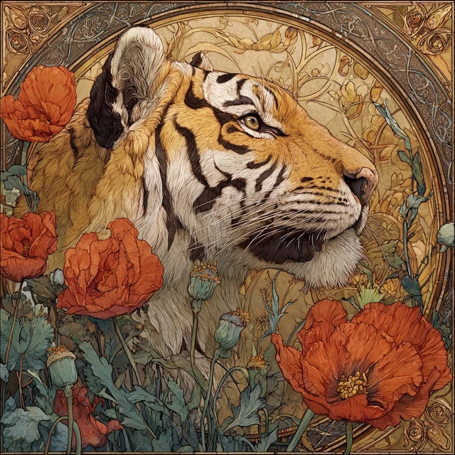 Art Nouveau Tiger and Poppy Watercolor Painting