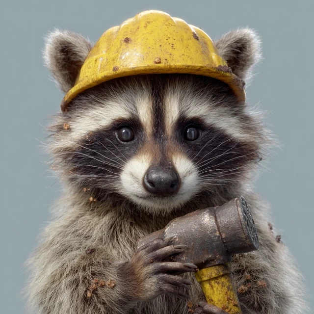Photorealistic Raccoon in Hard Hat Holding Hammer