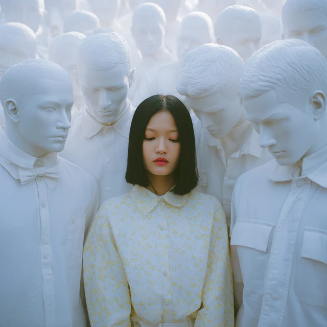 Asian Woman Surrounded by Mannequins