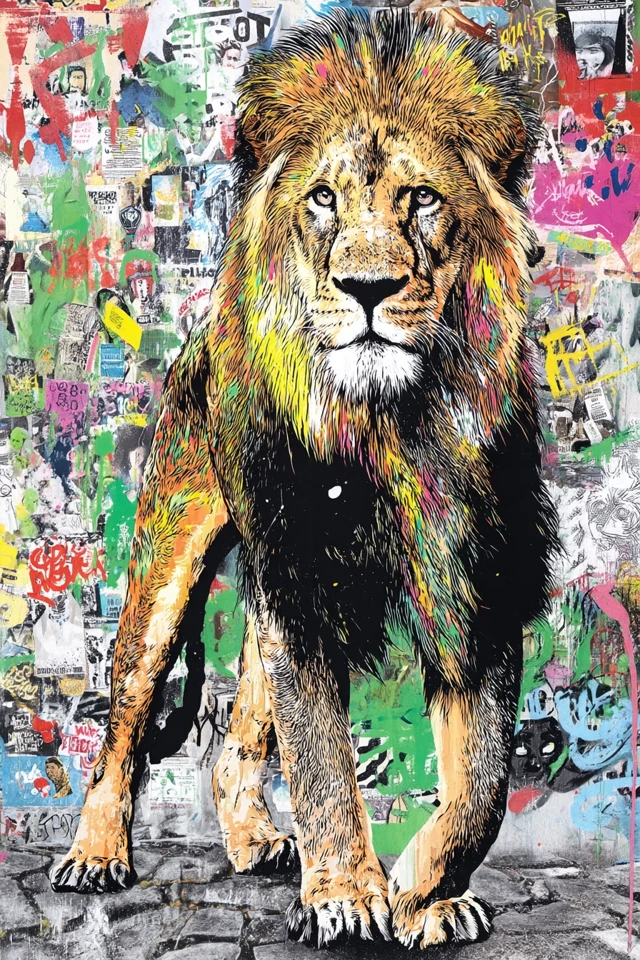 Colorful Lion Street Art: Pop Culture Graffiti Painting