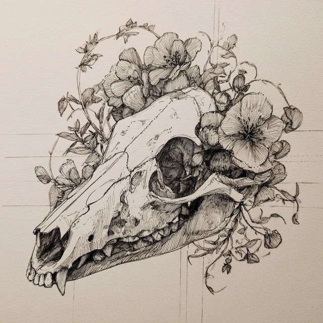 Wolf Skull with Flowers Detailed Sketch