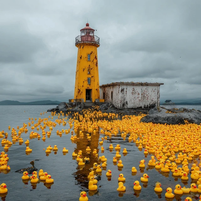 Lighthouse with Rubber Ducks Surreal Ocean Scene