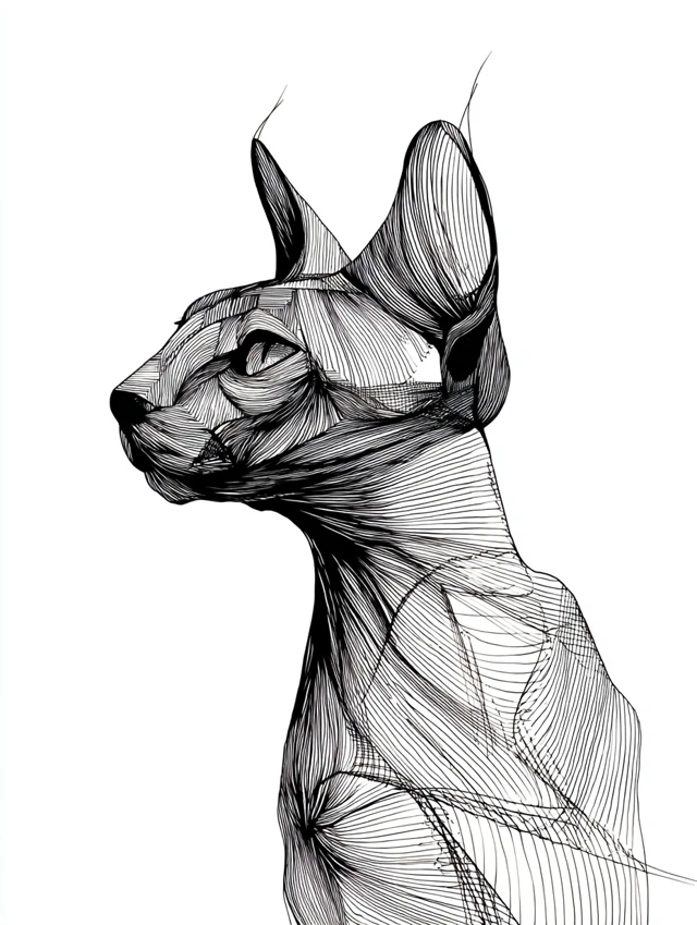 Sphynx Cat Line Art Black and White Illustration