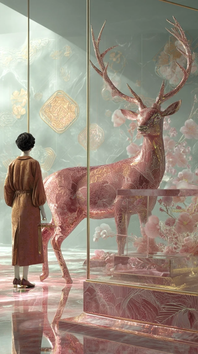 Elegant Woman and Floral Deer Luxury Interior