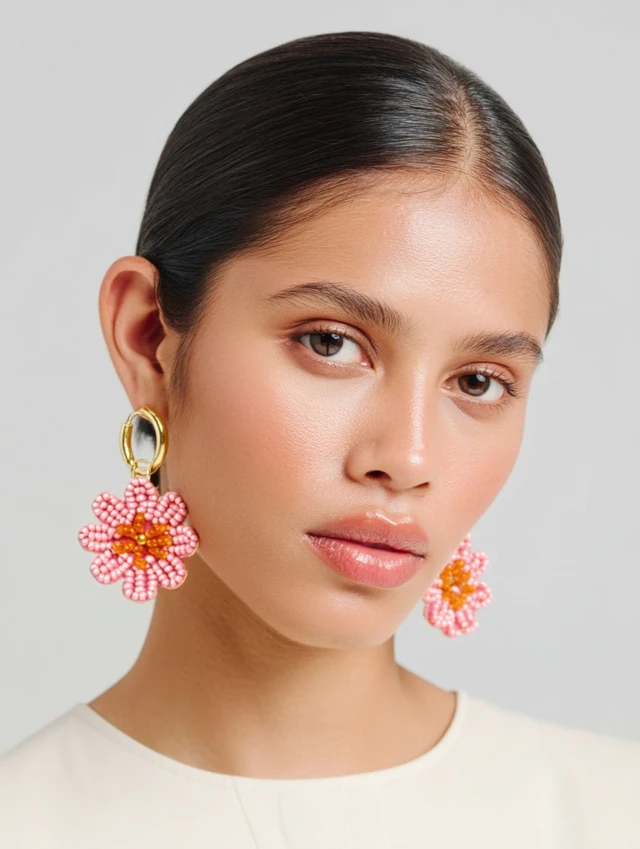 Pink Beaded Flower Earrings Gold Huggie Hoops Editorial