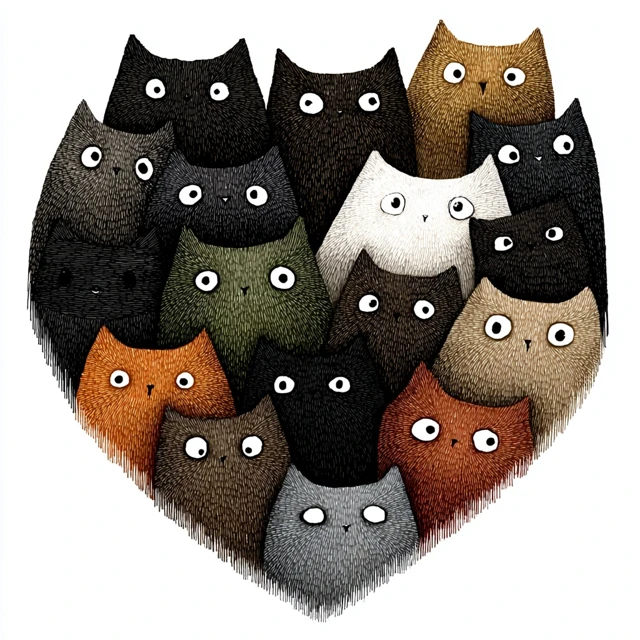 Cartoon Cat Heads Shaped as Hearts