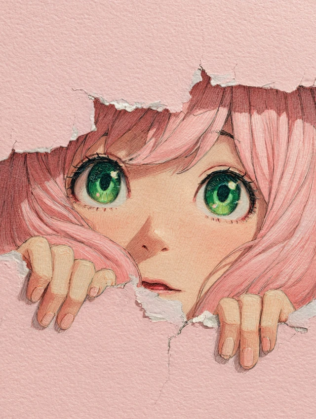 Anya Spy Family Peeking Through Paper Colored Pencil Drawing