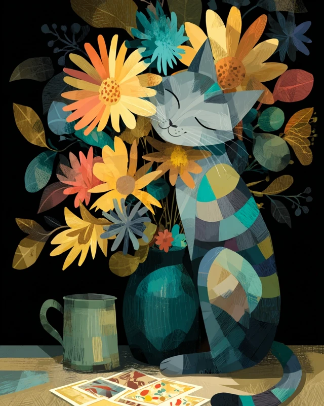 Abstract Cat Ikebana Japanese Flower Still Life
