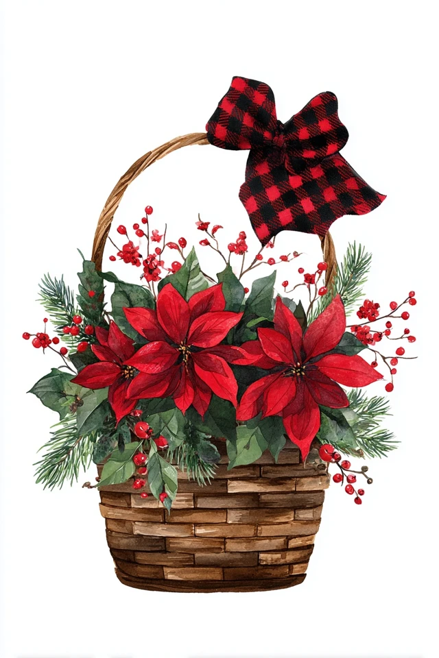 Christmas Poinsettia Basket Watercolor Art