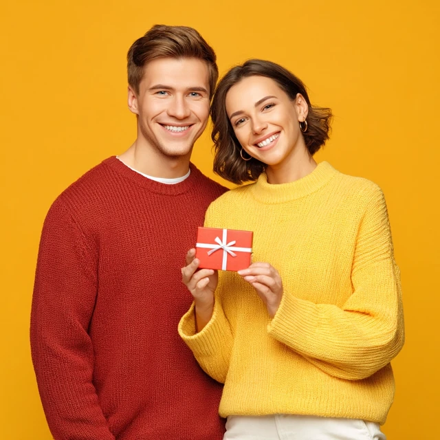 Happy Couple Giving Gifts Smiling Smiling