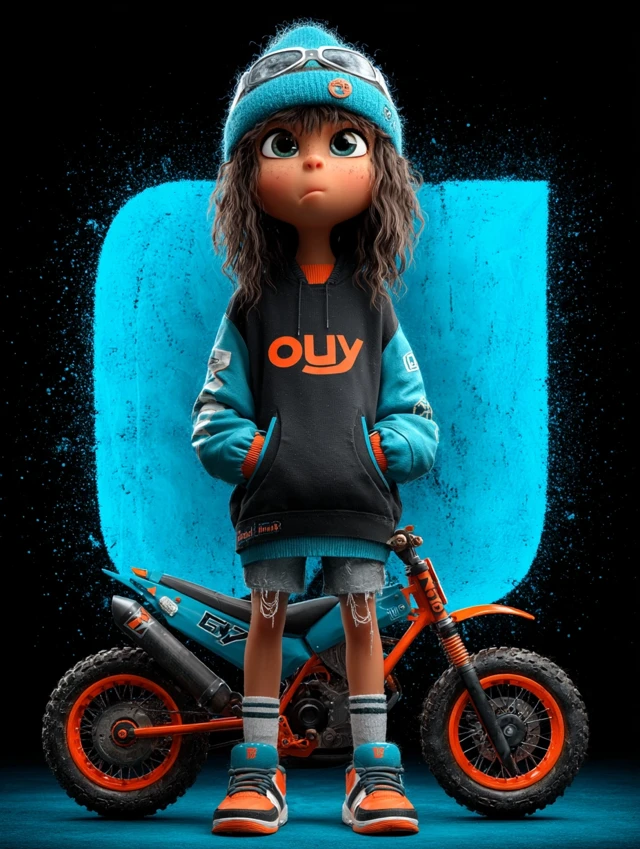 3D Cartoon Girl with Motorcycle Cool Pixar Style