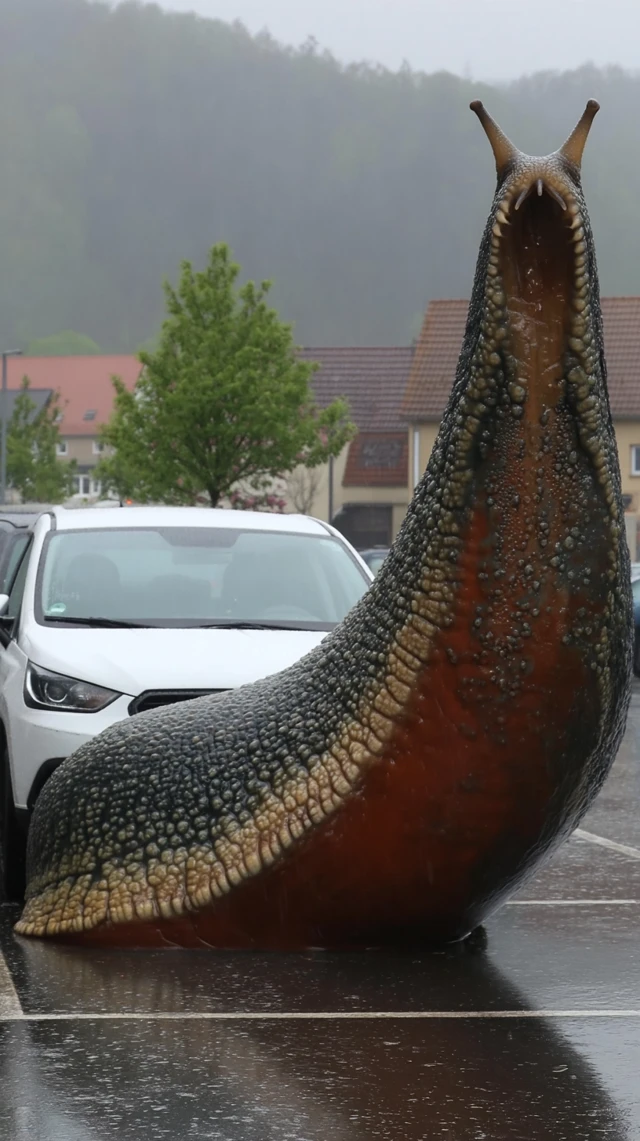 Giant Slug Attacks Car in German Town Rainy Day
