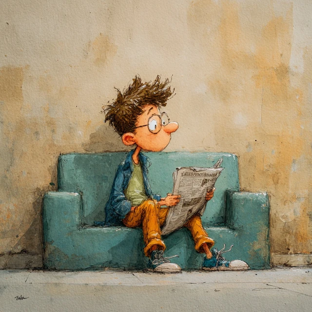 Boy Reading News Watercolor Illustration