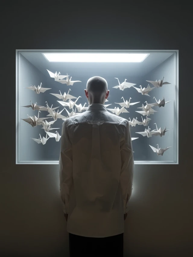 Man and Origami Cranes Surreal and Symbolic