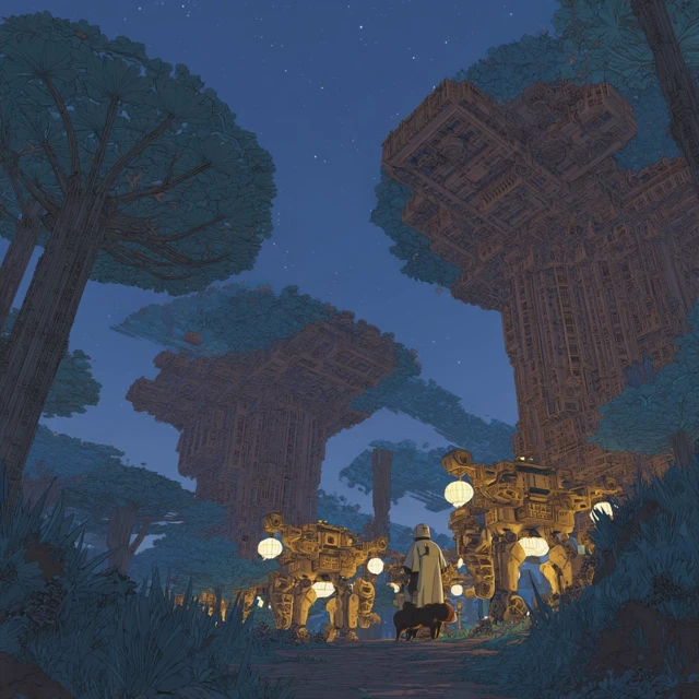 Ancient Temple Robots and Cat Twilight Scene