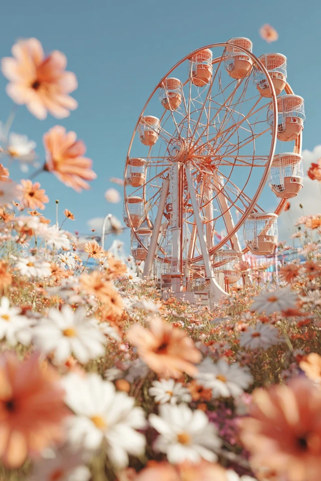 Ferris Wheel in a Field of Flowers Fantasy 3D Render