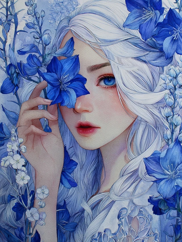 White Haired Girl Delphinium Watercolor Painting