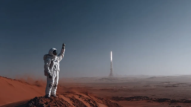 Astronaut on Mars Sending Signal Rocket