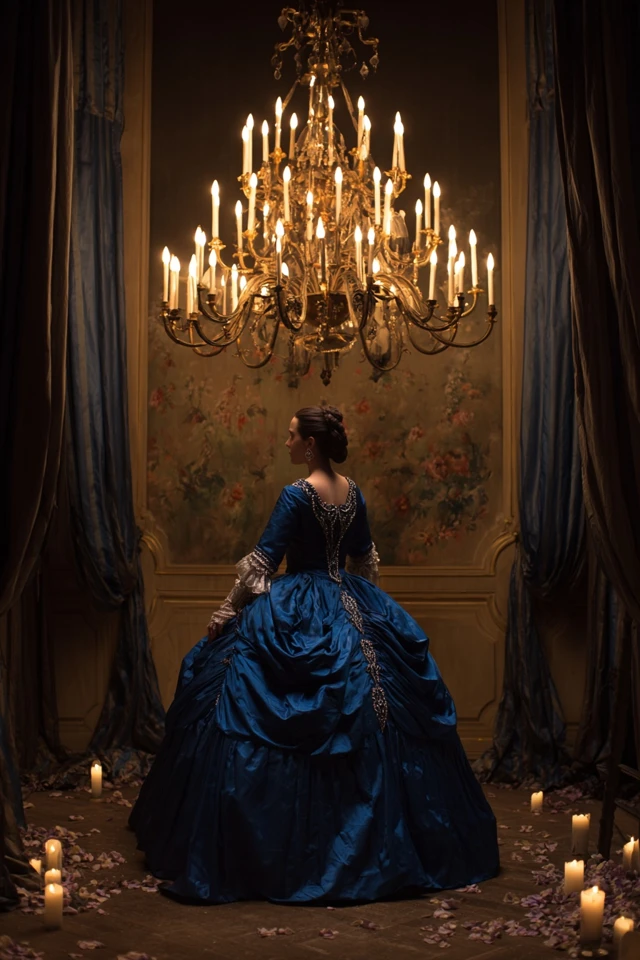 Baroque Woman in Ball Gown Under Chandelier