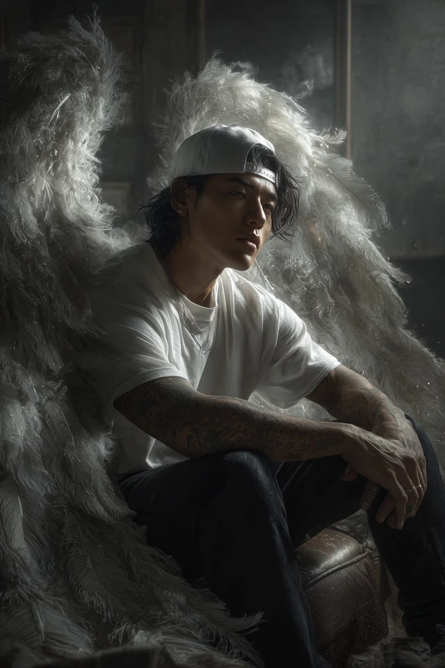 Asian Angel with Feathered Wings in Modern Apartment
