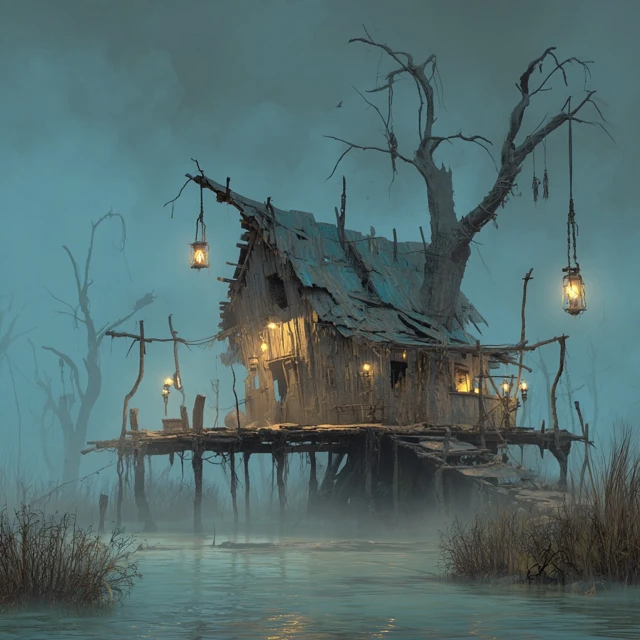 Swamp Witch Hut Dark Fantasy Art