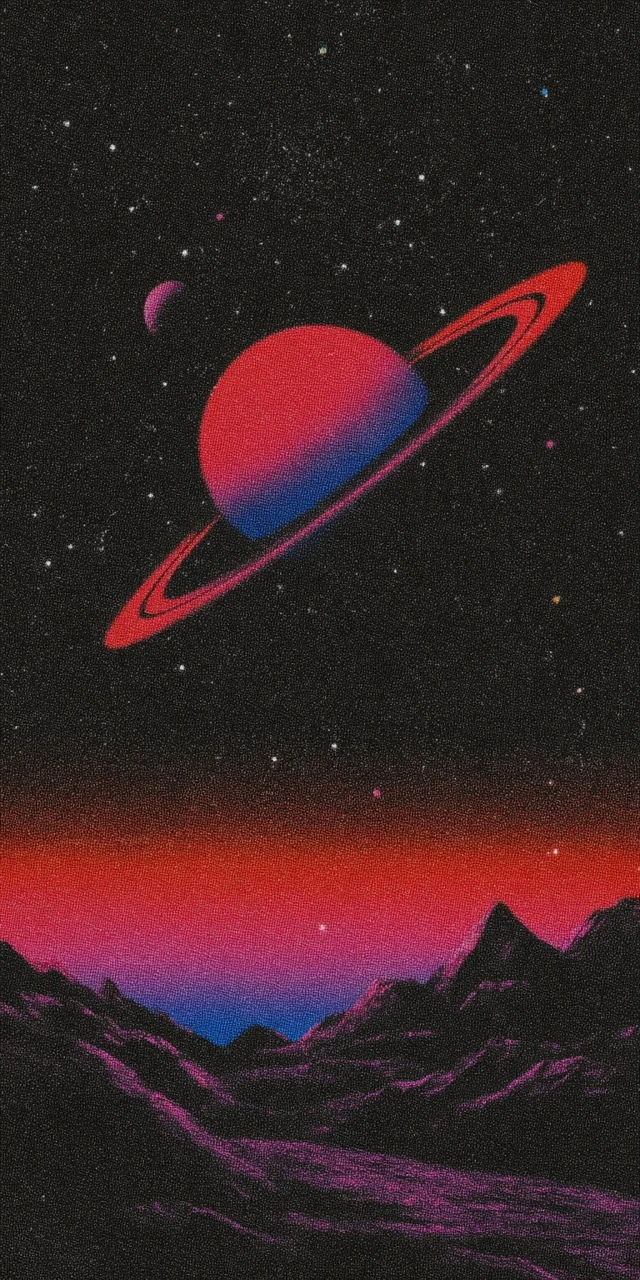 70s Retro Space Art Saturn Rings Planets Stars Graphic Design