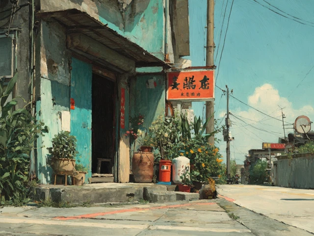 Japanese Street Scene Painting Architecture