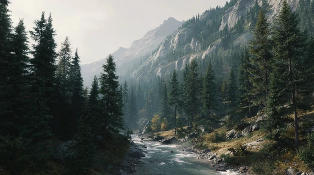 Mountain River Forest Scene 8k
