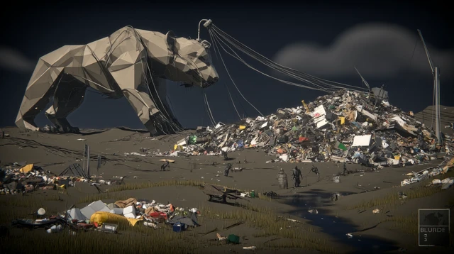 Dystopian Low Poly Bear and Trash Coastline