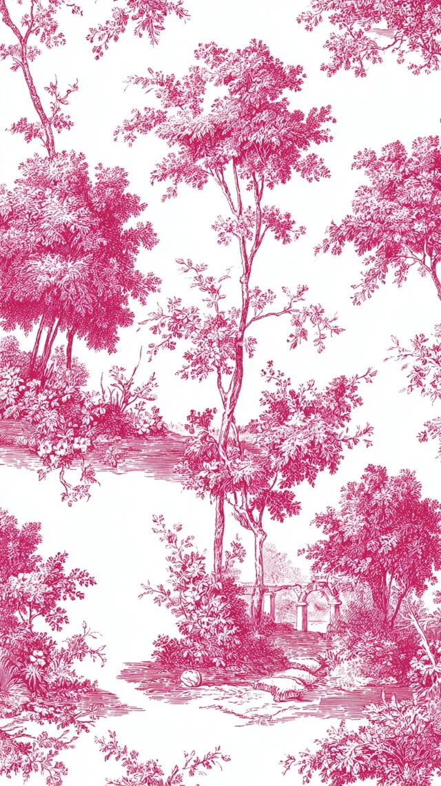 Pink Toile de Jouy Pattern Trees Flowers
