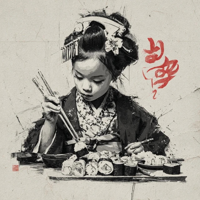 Japanese Girl Eats Sushi Banksy Style Art