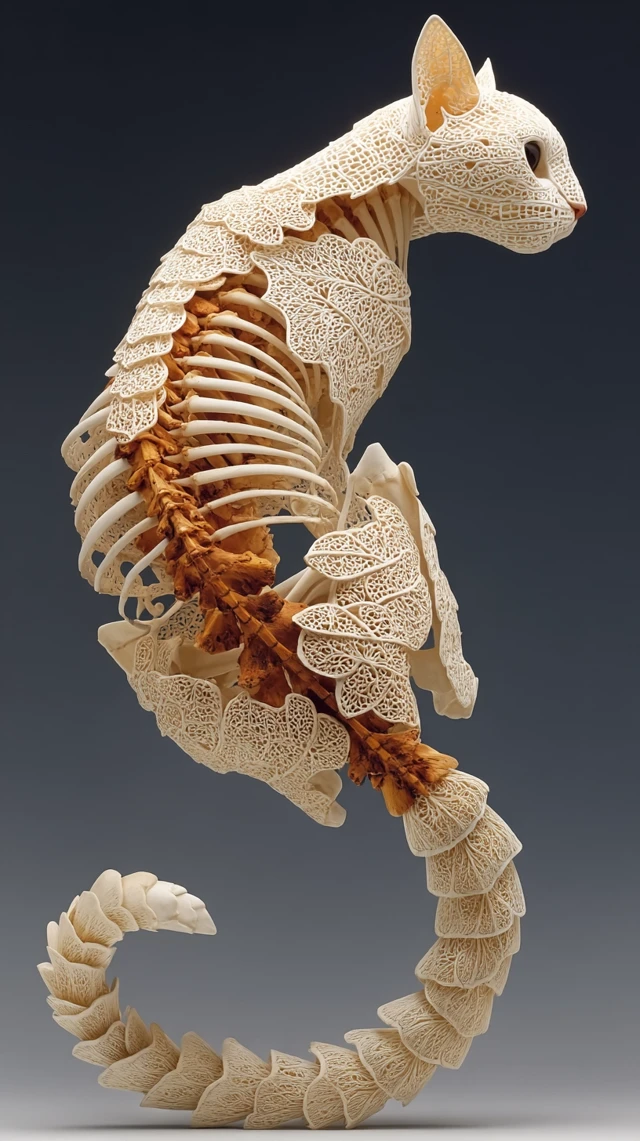 Bone Cat Sculpture: Elongated Tail Porcelain Art