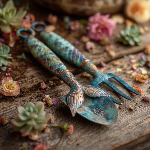 Mermaid Garden Tool Set Handcrafted Shovel and Fork