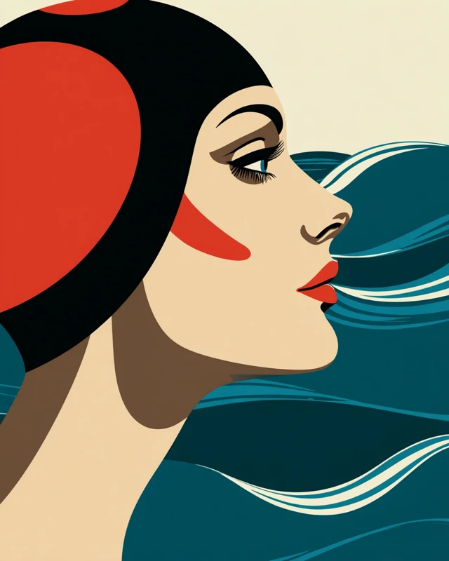 Vintage Swimmer Woman Profile Mary Blair Style