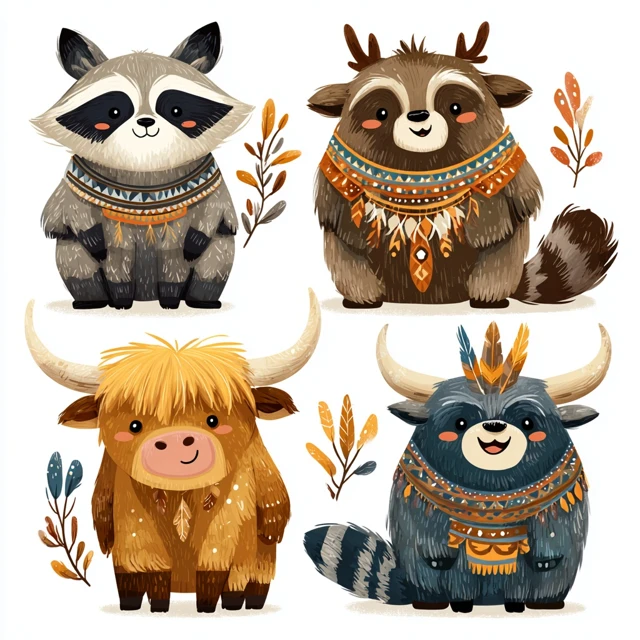 Cute Raccoon and Highland Cow Cartoon Clipart