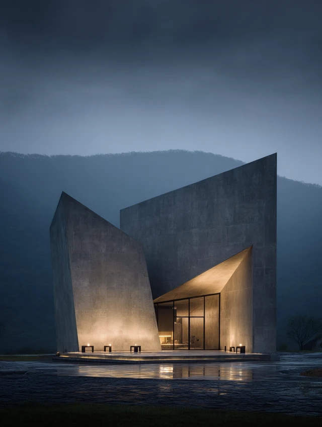 Countryside Museum Minimalist Design Hills Golden Hour