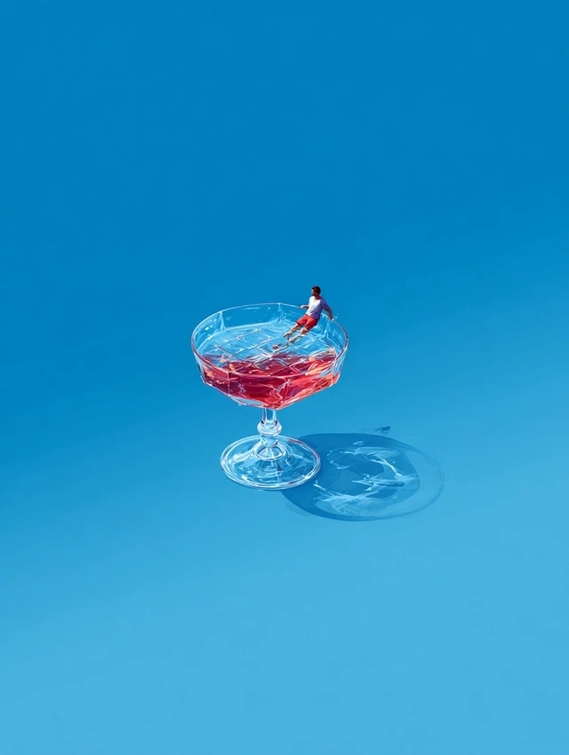 Cocktail Glass Person Balancing on Wine Concept