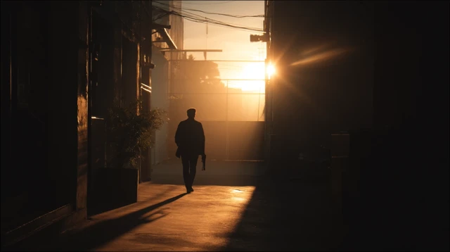 Neo Noir Scene Silhouette with Weapon