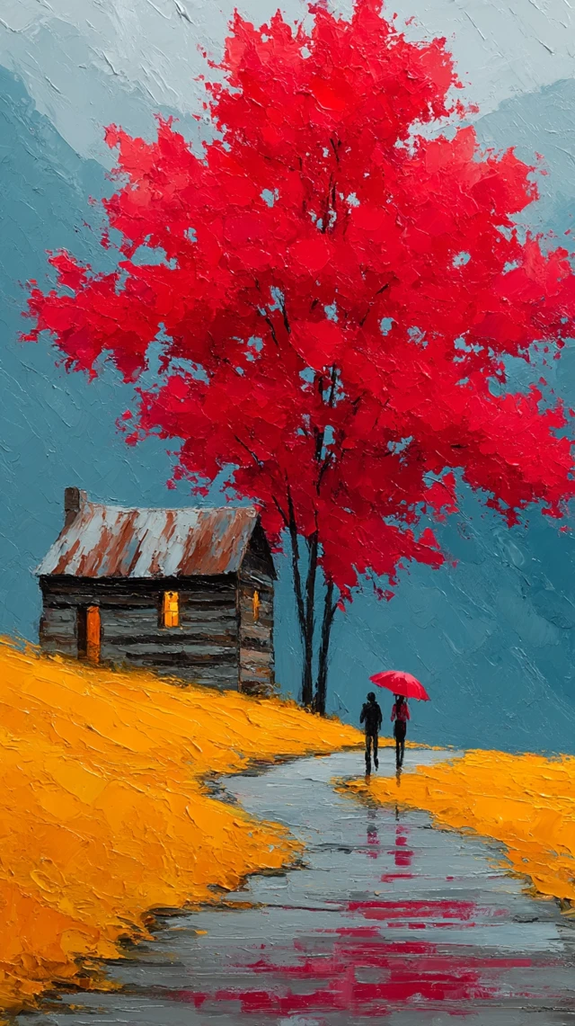 Autumn Landscape Oil Painting Maple Cabin Path