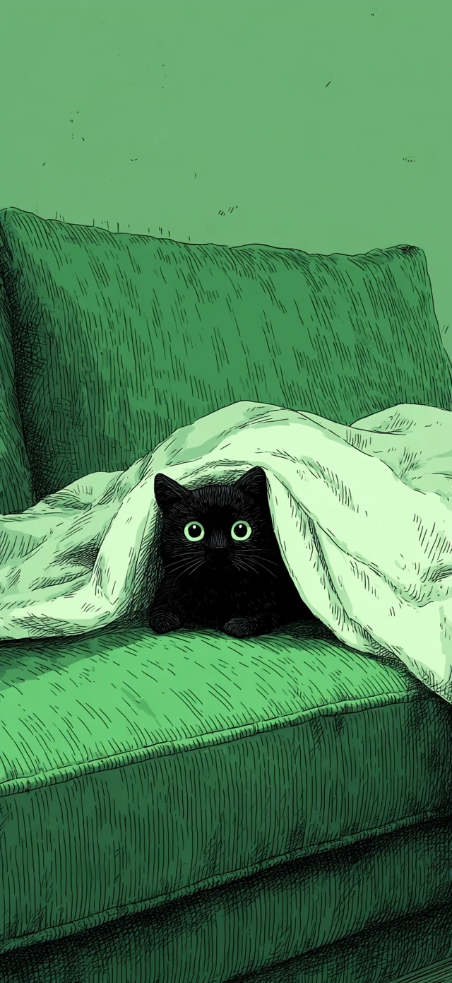 Cute Black Cat Hiding in Blanket Anime Style
