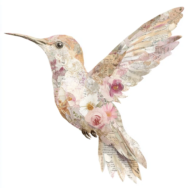 Hummingbird Collage Art: Shabby Chic Floral Illustration